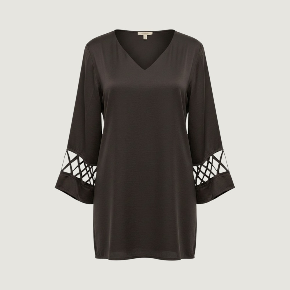 Chicos Black V-Neck Lattice Sleeve‎ Blouse Top Size 1 Medium Satin Finish